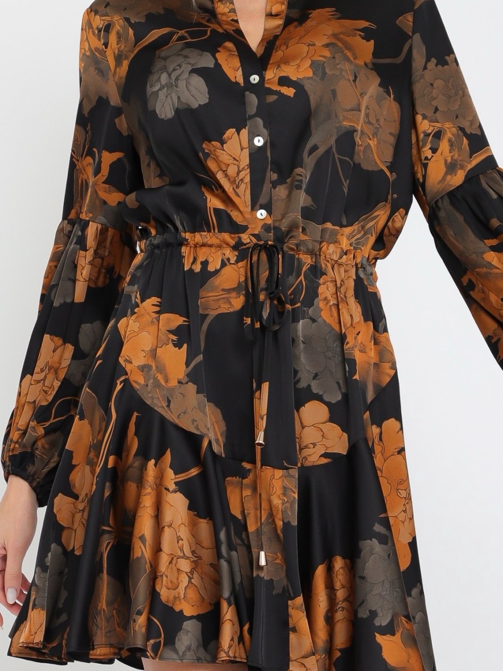 Aakaa Black & Burnt Orange Fall Floral Button-Front Mini Dress - Small - Picture 4 of 8